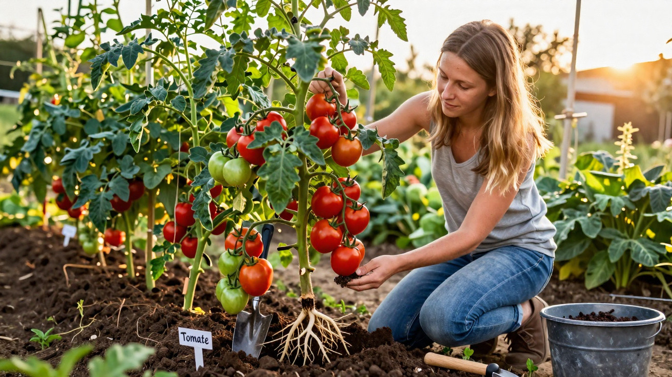 Woman harvesting ripe red tomatoes from plants in a garden at sunset with gardening tools nearby