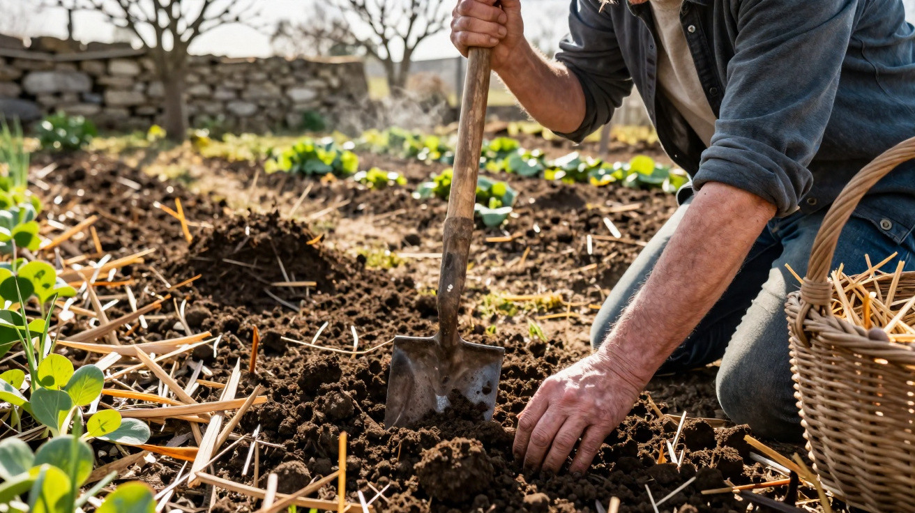 Person digging soil with a spade in a vegetable garden next to a wicker basket under sunlight.