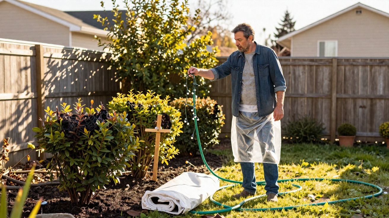 Man in plastic apron watering garden plants near a wooden cross on a sunny day in a backyard.