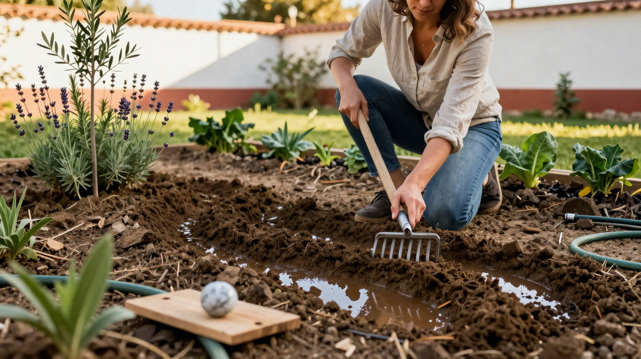 Woman kneeling in a garden using a hand rake to cultivate soil near a patch of water with plants around.