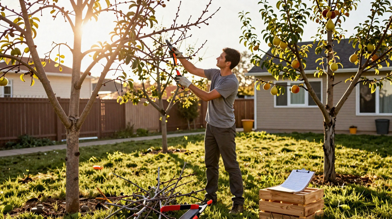 Man pruning a fruit tree in a backyard garden during sunset with gardening tools nearby