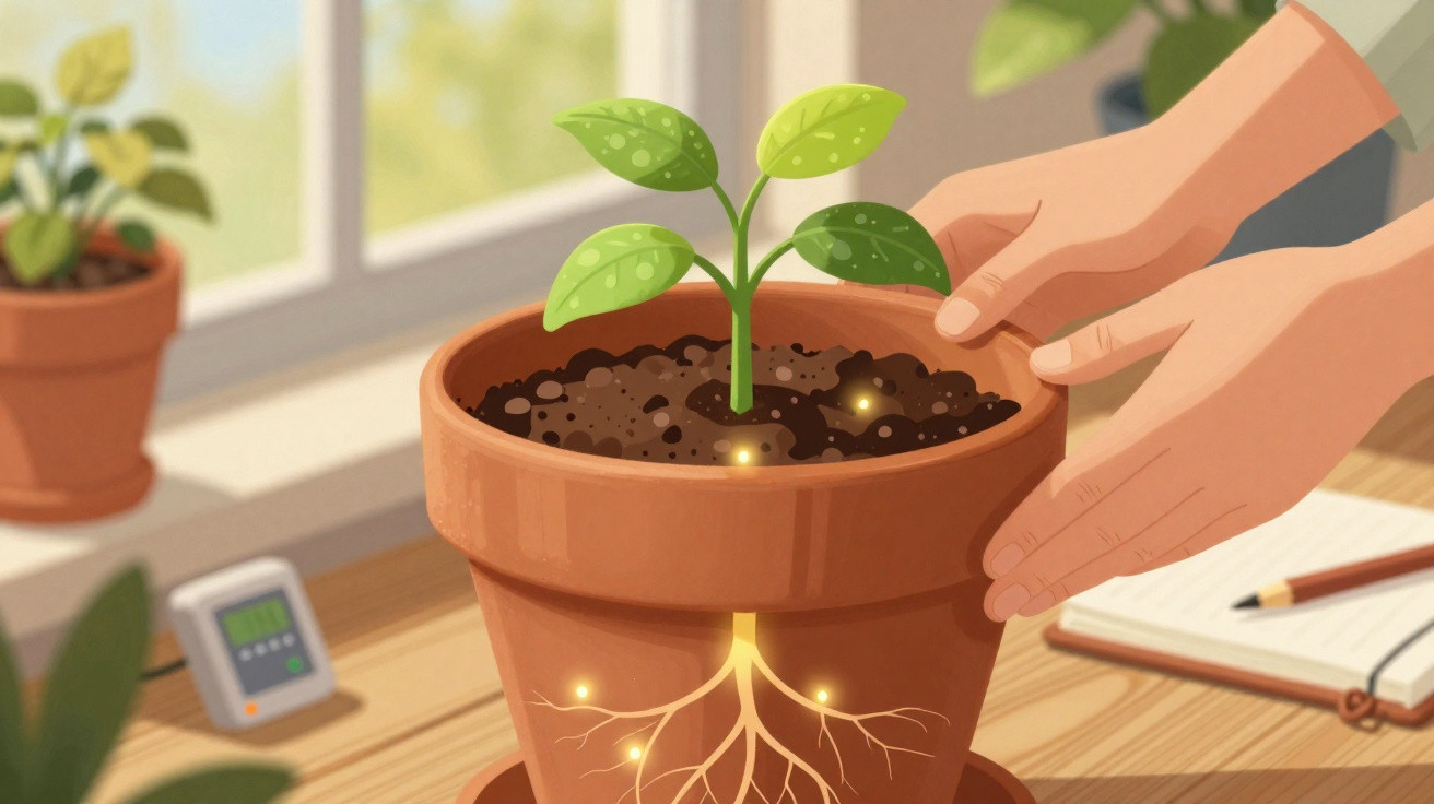 Hands tending to a small green plant growing in a terracotta pot with visible roots indoors near a window.