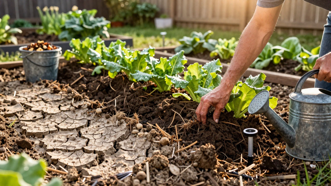 Person gardening, tending to leafy green plants in soil beds with a watering can nearby in a backyard garden.