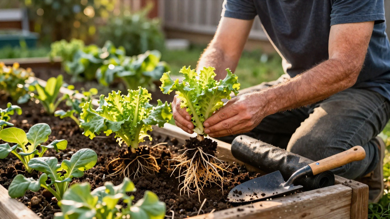 Person planting fresh lettuce seedlings with roots exposed in a raised garden bed outdoors.