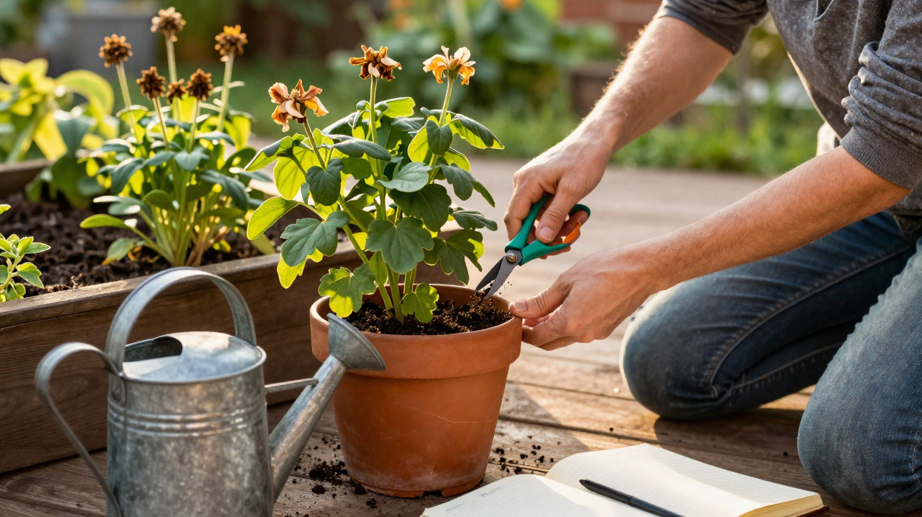 Person pruning a flowering plant in a terracotta pot on a wooden deck with a watering can and notebook nearby.