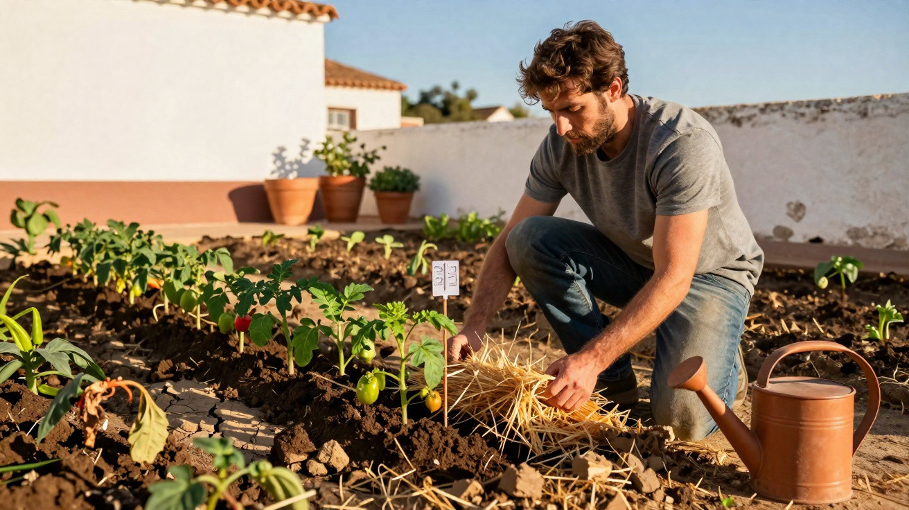 Man kneeling in a garden bed, spreading straw mulch around young pepper plants on a sunny day.