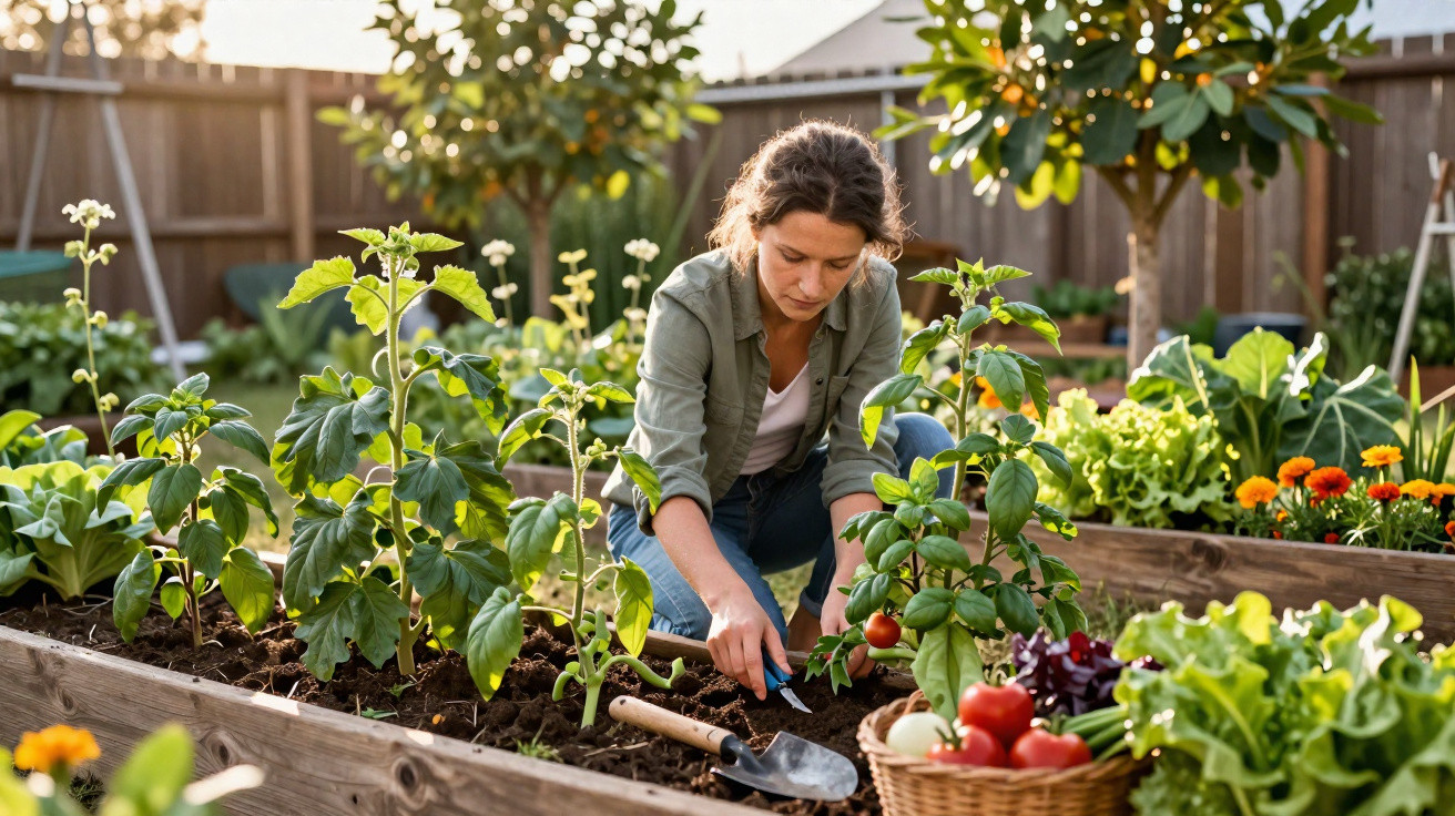 Young woman gardening in a raised bed, surrounded by healthy green plants and a basket of fresh vegetables.