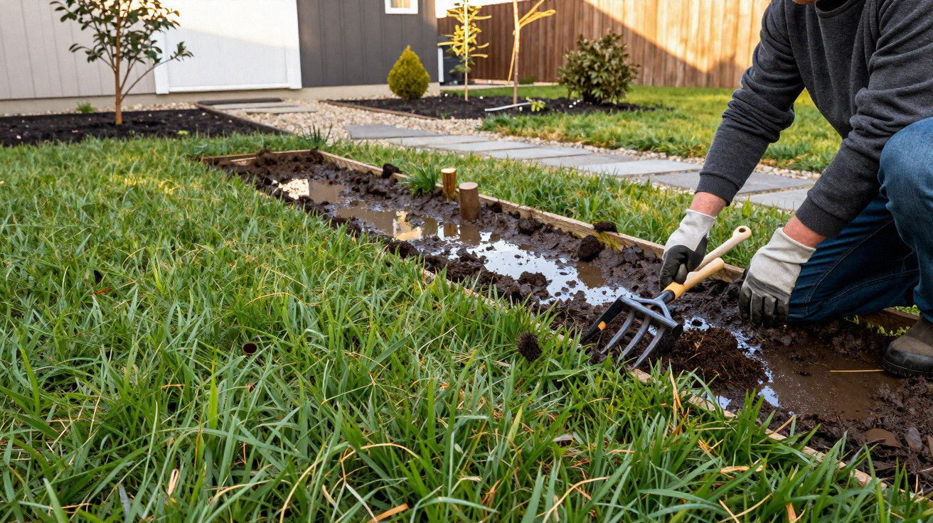 Person kneeling and using a garden fork to prepare a muddy flower bed in a residential garden.