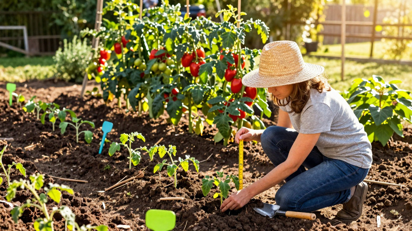 Woman in a straw hat kneeling in a garden, measuring soil around young tomato plants with a tape measure.
