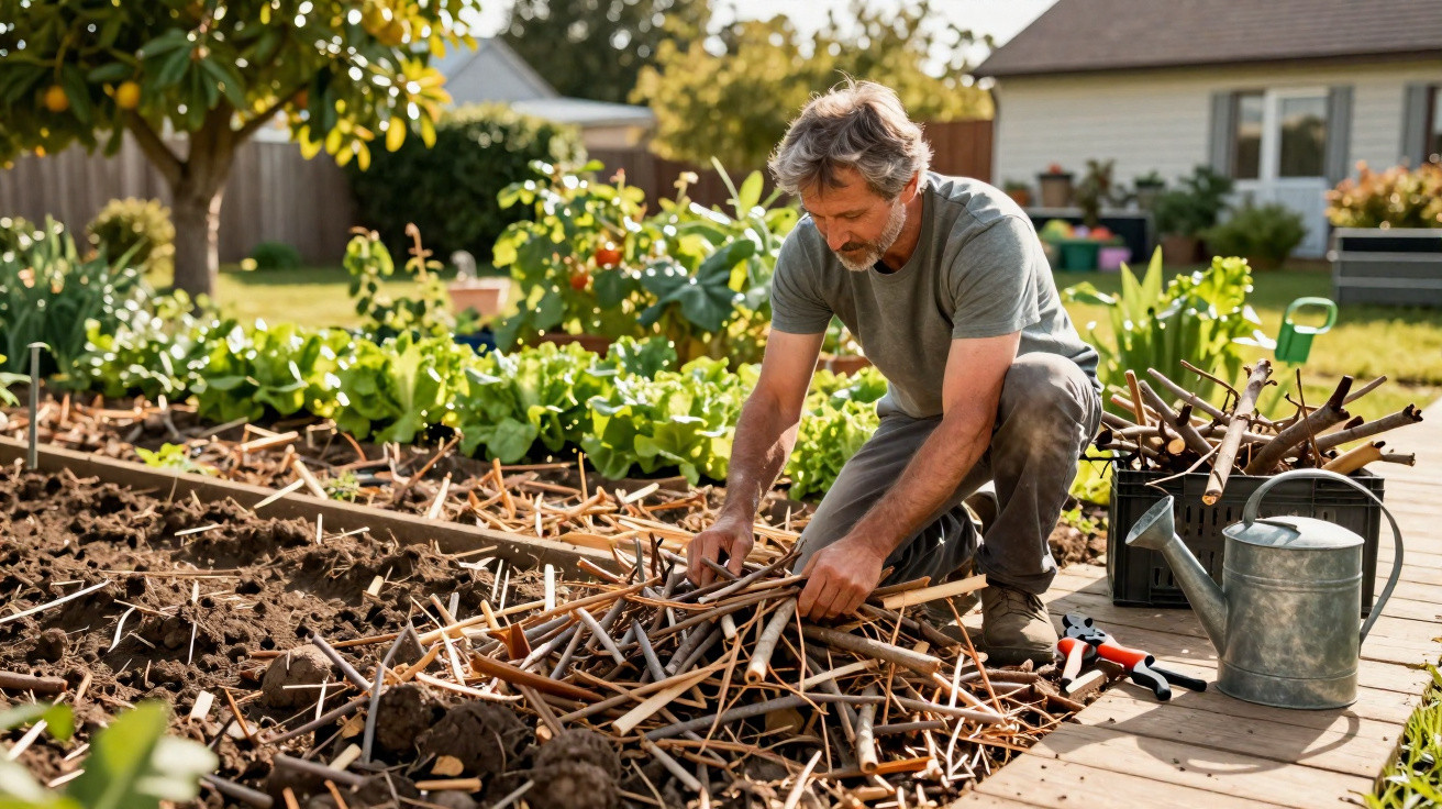 Middle-aged man organising wooden sticks in a garden bed, surrounded by greenery and gardening tools.