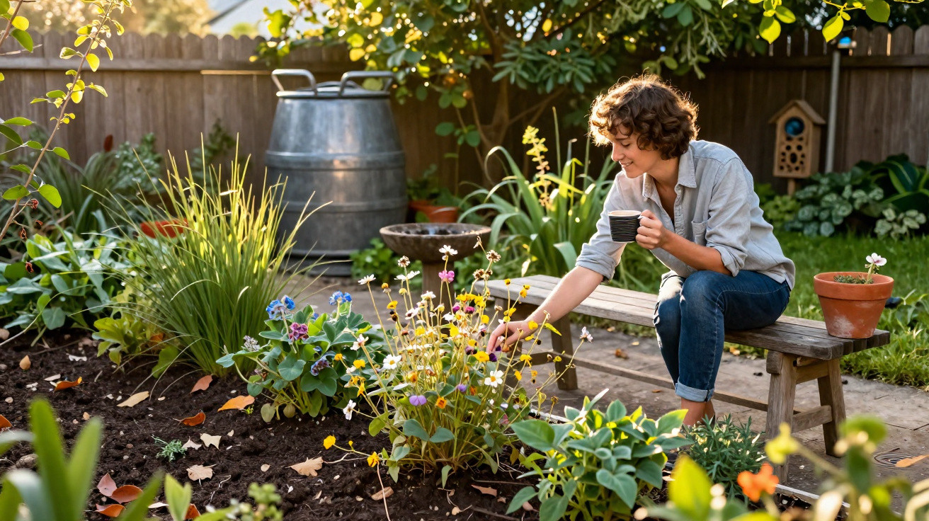 Woman sitting on a bench sipping tea and picking flowers in a sunny garden with plants and a wooden fence.