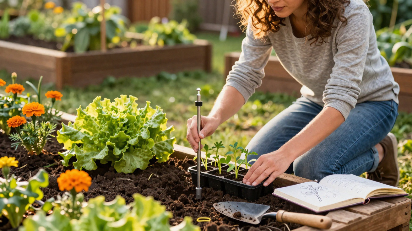 Person planting seedlings in a raised garden bed with gardening tools and a book nearby on a sunny day.