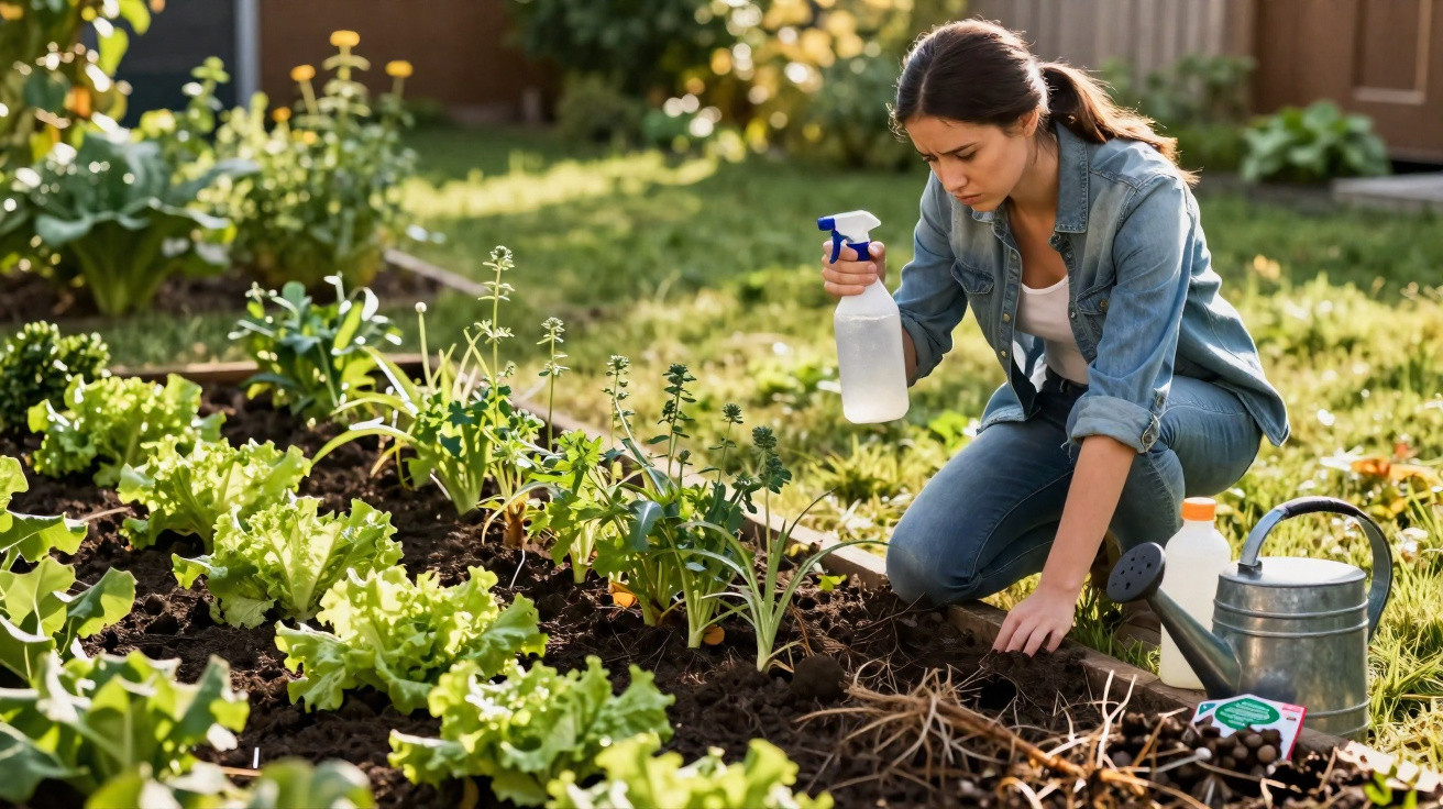 Woman wearing denim jacket tending plants in garden bed with watering can and spray bottle nearby.