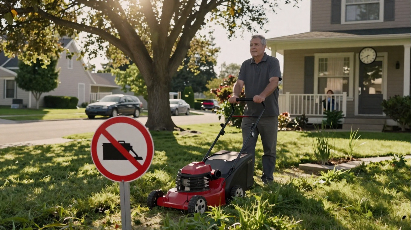 Man mowing lawn near a sign prohibiting lawnmowers in a suburban neighbourhood on a sunny day.