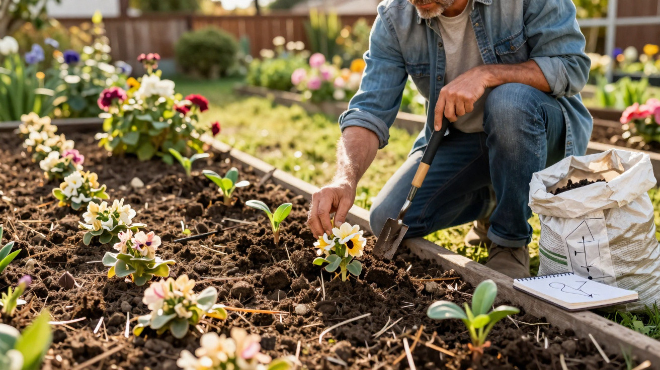 Middle-aged man planting flowers in a garden bed with a trowel and gardening notes nearby.