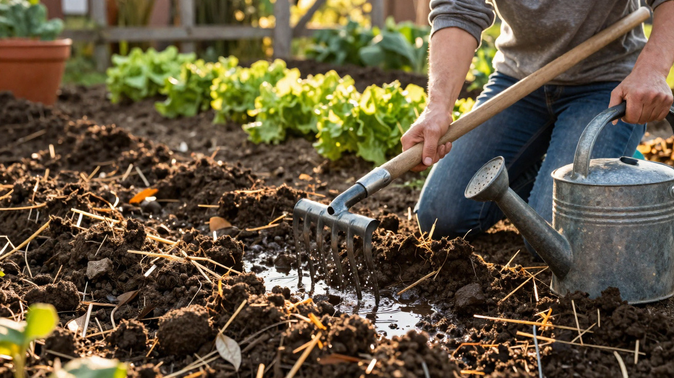 Person using a hand rake to loosen soil next to a metal watering can in a garden bed with leafy plants.