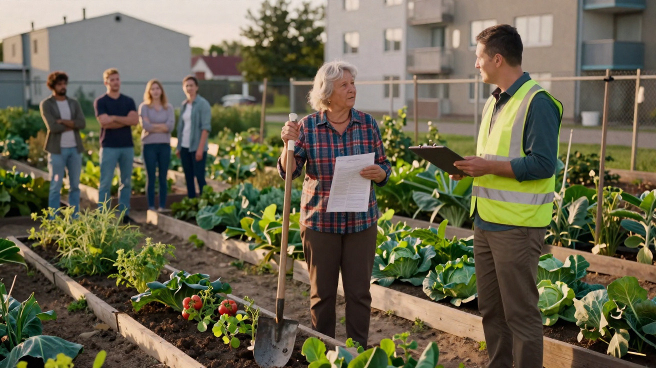 An older woman with a shovel talks to a man with a clipboard in a community garden with four people in the background.