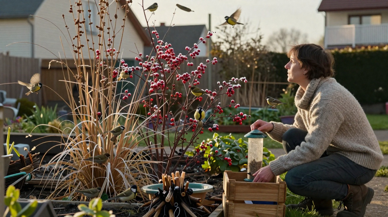 Person in a garden feeding small birds attracted to red berries and bird feeder on a sunny day.