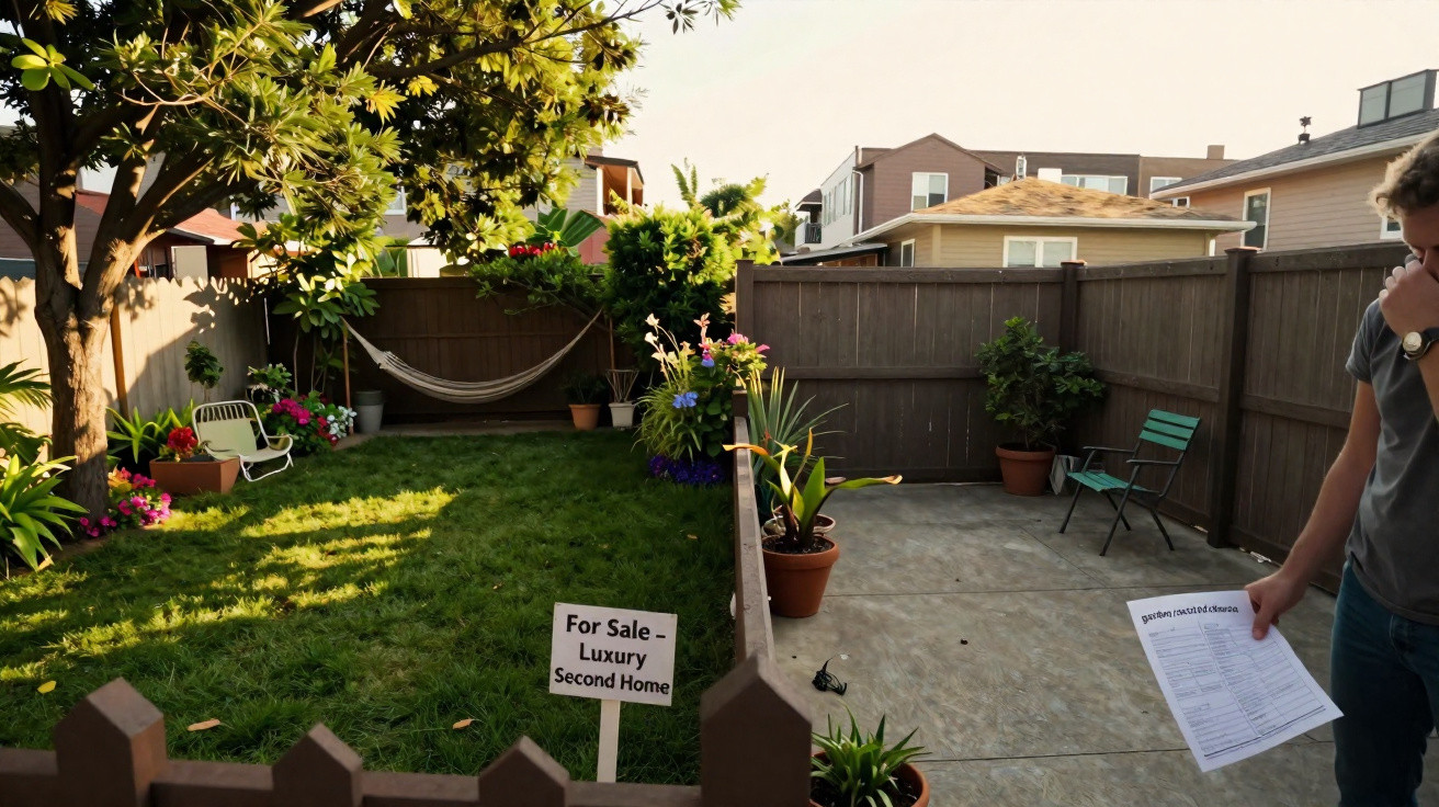 Garden with a hammock, plants, and a For Sale sign reading Luxury Second Home in a suburban backyard.