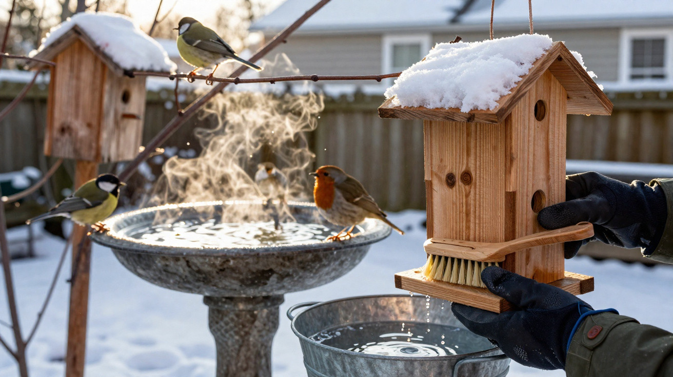 Snow-covered wooden birdhouses and a steaming birdbath in a snowy garden with small birds perched nearby.