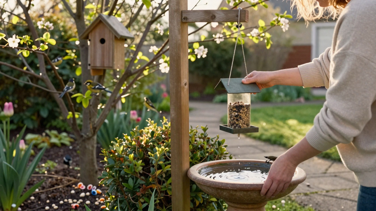 Person refilling a hanging bird feeder beside a stone bird bath in a sunny garden.