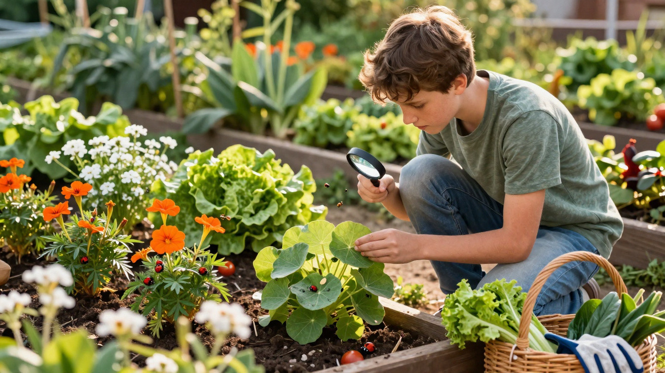 Boy examining plants with magnifying glass in a raised garden bed filled with flowers and vegetables.