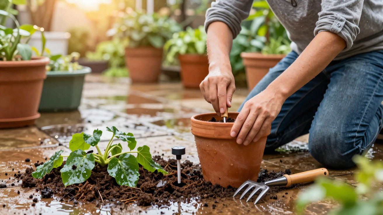 Person kneeling on wet patio soil, potting plant with gardening fork and leaves nearby in clay pots.