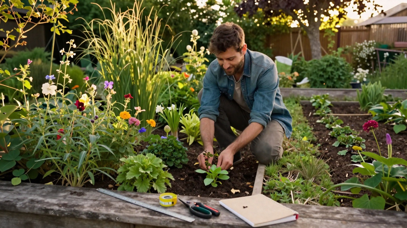 Man planting seedlings in a sunlit garden surrounded by flowering plants and gardening tools on a wooden edge.