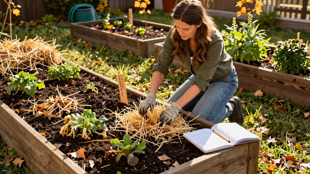 Woman kneeling and spreading straw mulch in a raised garden bed with plants and an open notebook nearby.