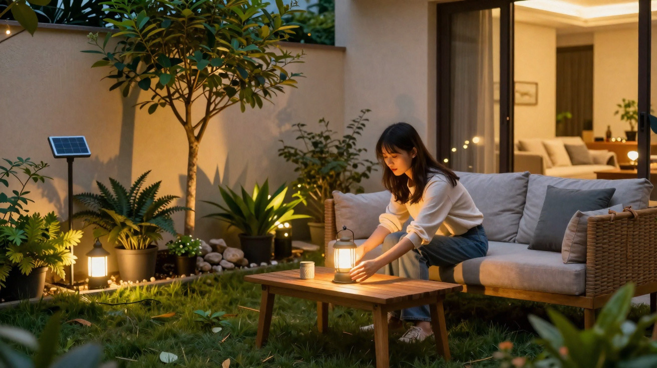 Woman adjusting a lantern on a wooden table in a cozy garden patio at dusk with plants and sofa seating.