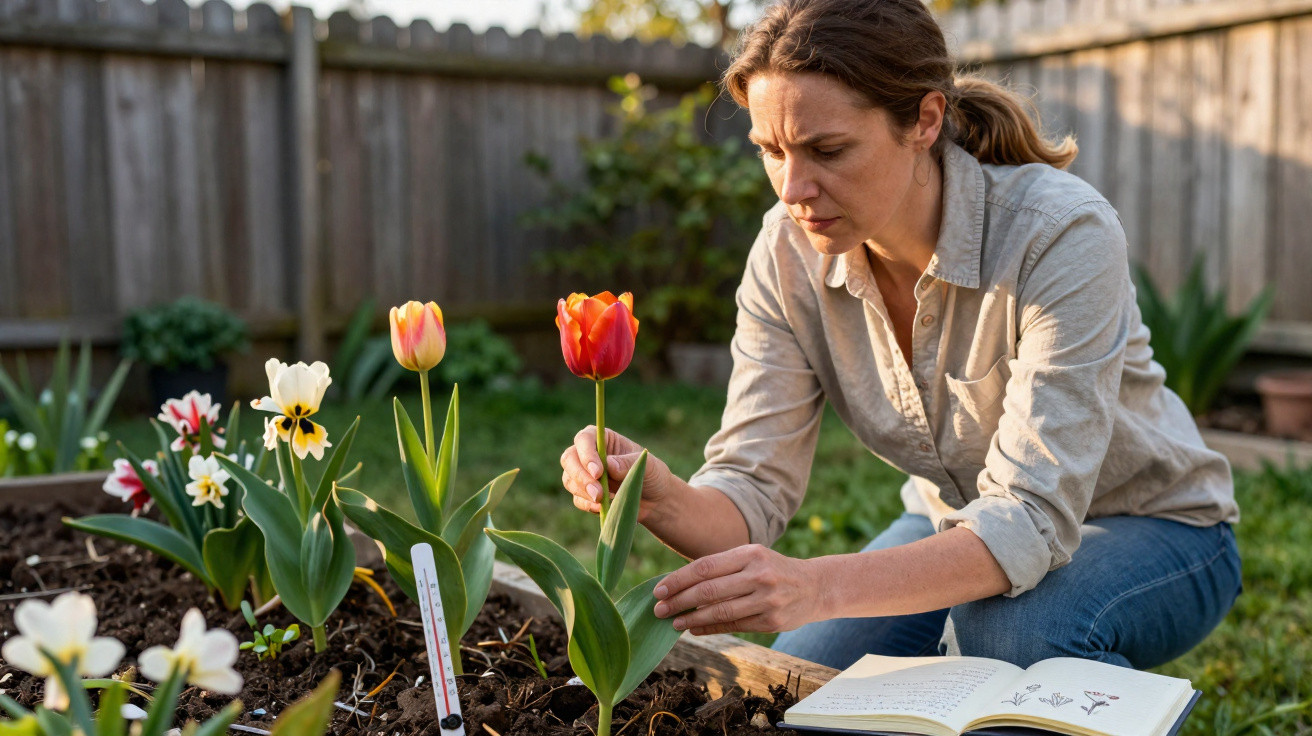Woman examining a red tulip in a garden bed with an open plant guidebook beside her.