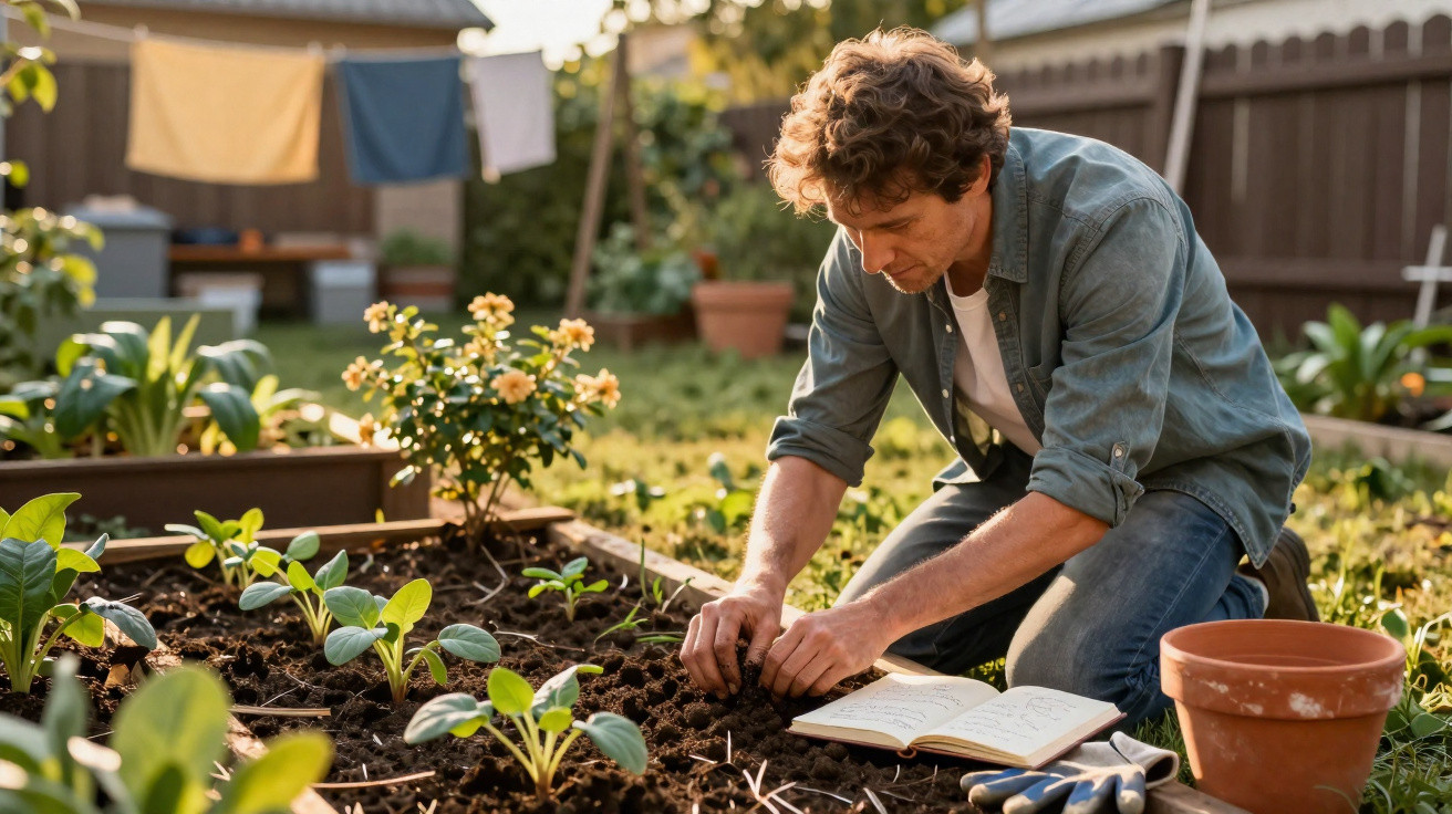 Man kneeling in a garden bed planting seedlings with a notebook and gardening tools beside him on a sunny day.