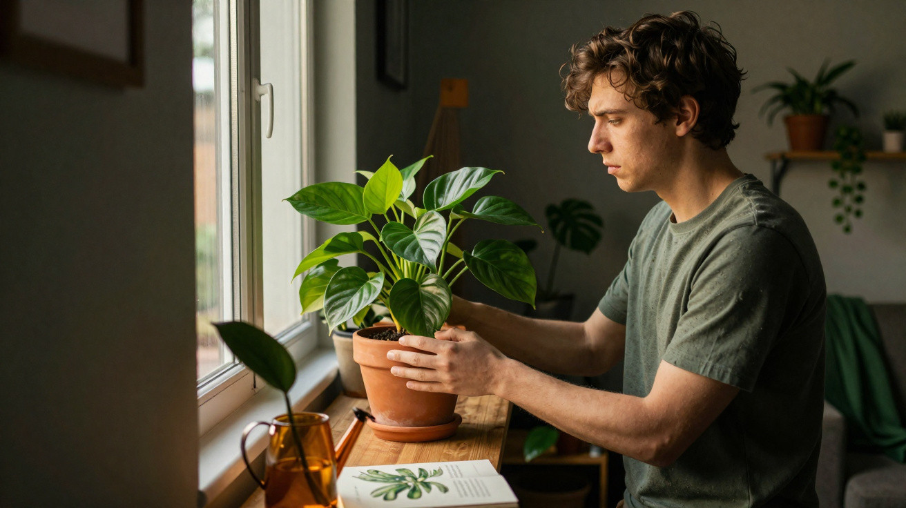 Young man tending to a potted plant on a windowsill in a bright, cosy room.