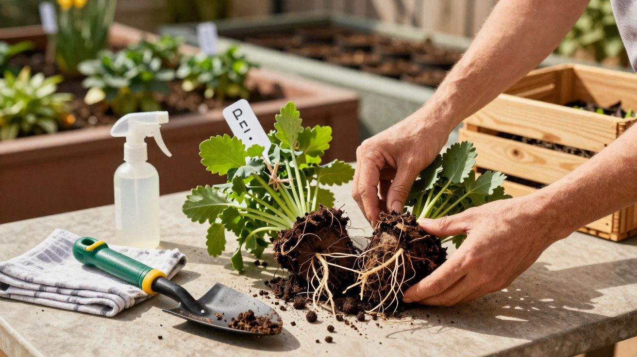 Hands transplanting seedlings with roots and soil on a garden table with tools and a spray bottle nearby.