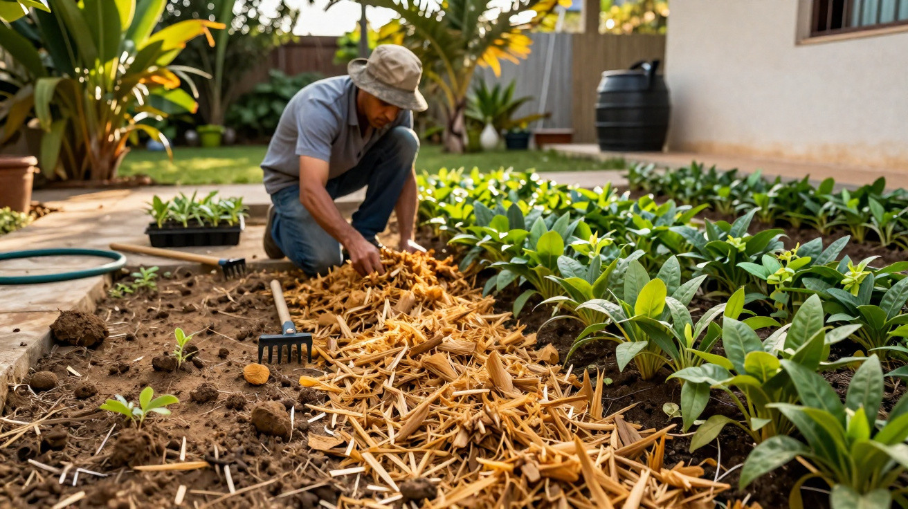 Man in hat mulching soil in garden bed next to healthy green plants in residential backyard.