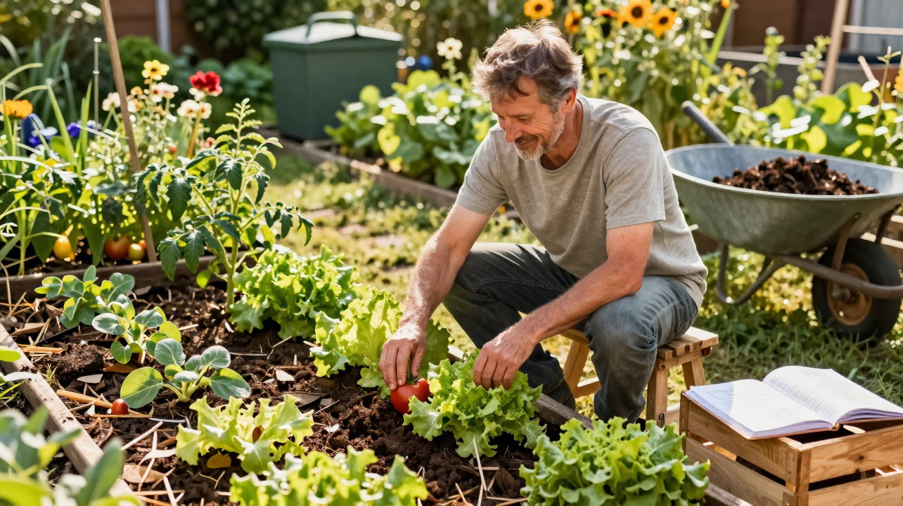 Middle-aged man harvesting lettuce and tomato in a sunny garden with flowers and a wheelbarrow nearby.