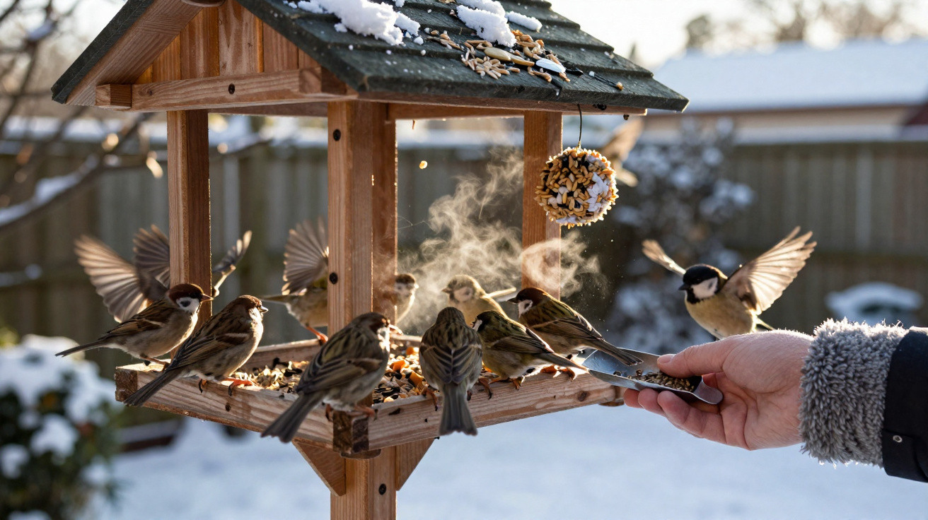 Bird feeder with multiple small birds eating seeds from a hand-held tray on a snowy winter day