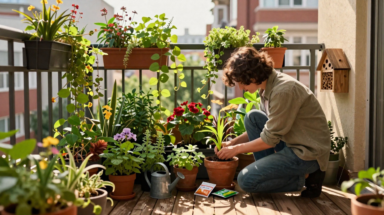 Person tending to potted plants on a sunny balcony garden with various flowers and greenery.