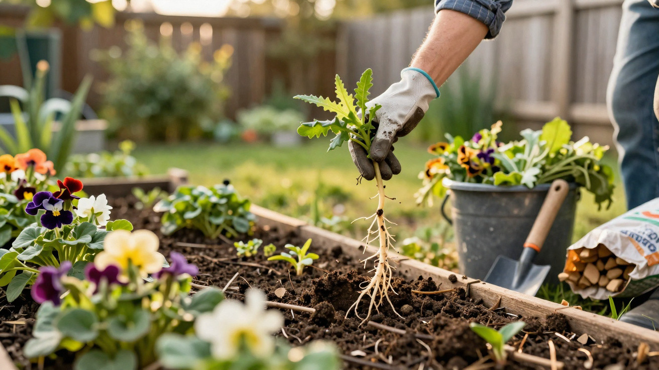 Person wearing gloves removing dandelion weed with roots from a flower bed in a garden.