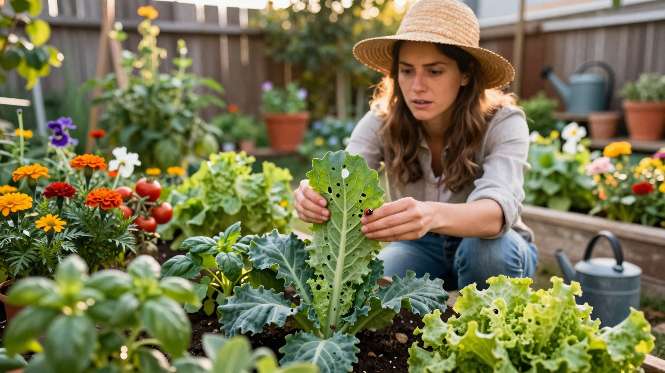 Woman in a straw hat examining holes in a leafy vegetable plant in a vibrant garden with flowers and vegetables