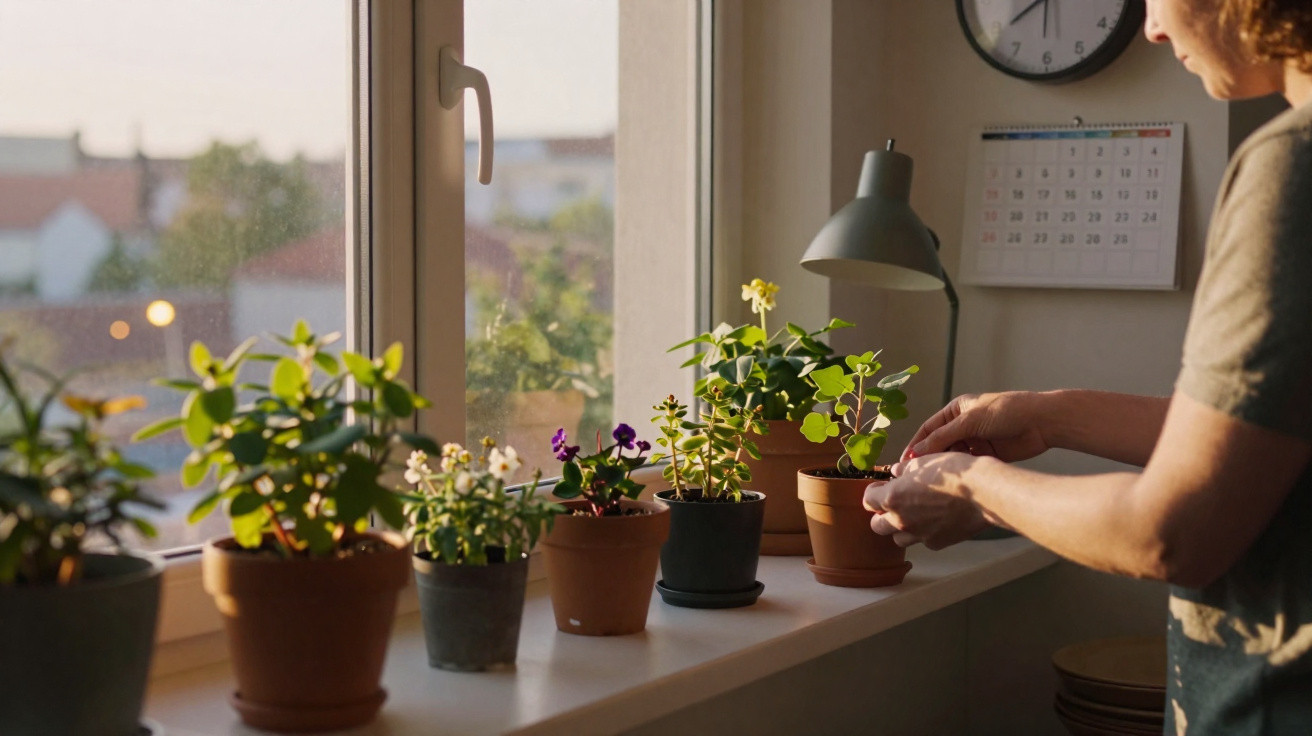 Person tending to various potted plants on a windowsill in soft natural light during the day.
