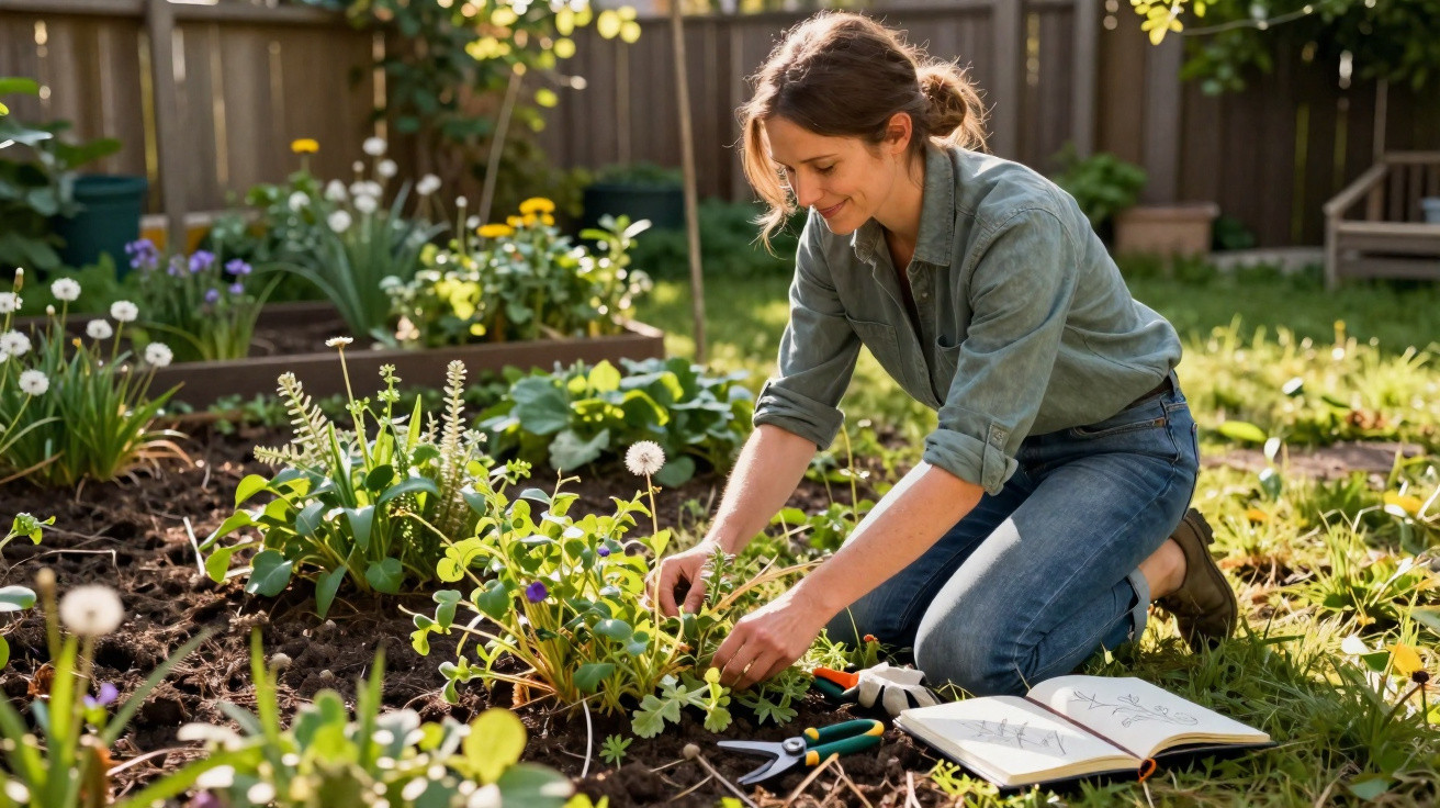 Woman kneeling in a sunlit garden, tending to plants with gardening tools and a botanical sketchbook nearby.