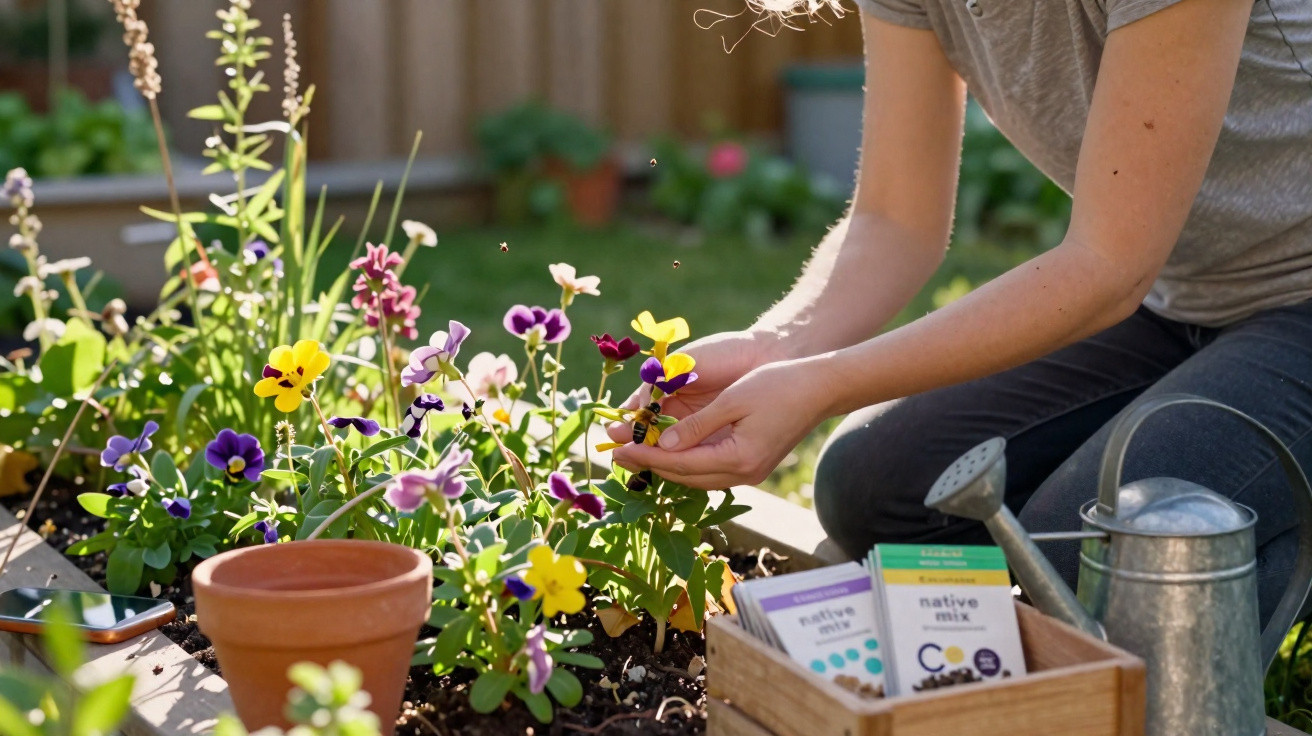 Person tending colourful pansy flowers in a garden with seeds, watering can, and terracotta pot nearby