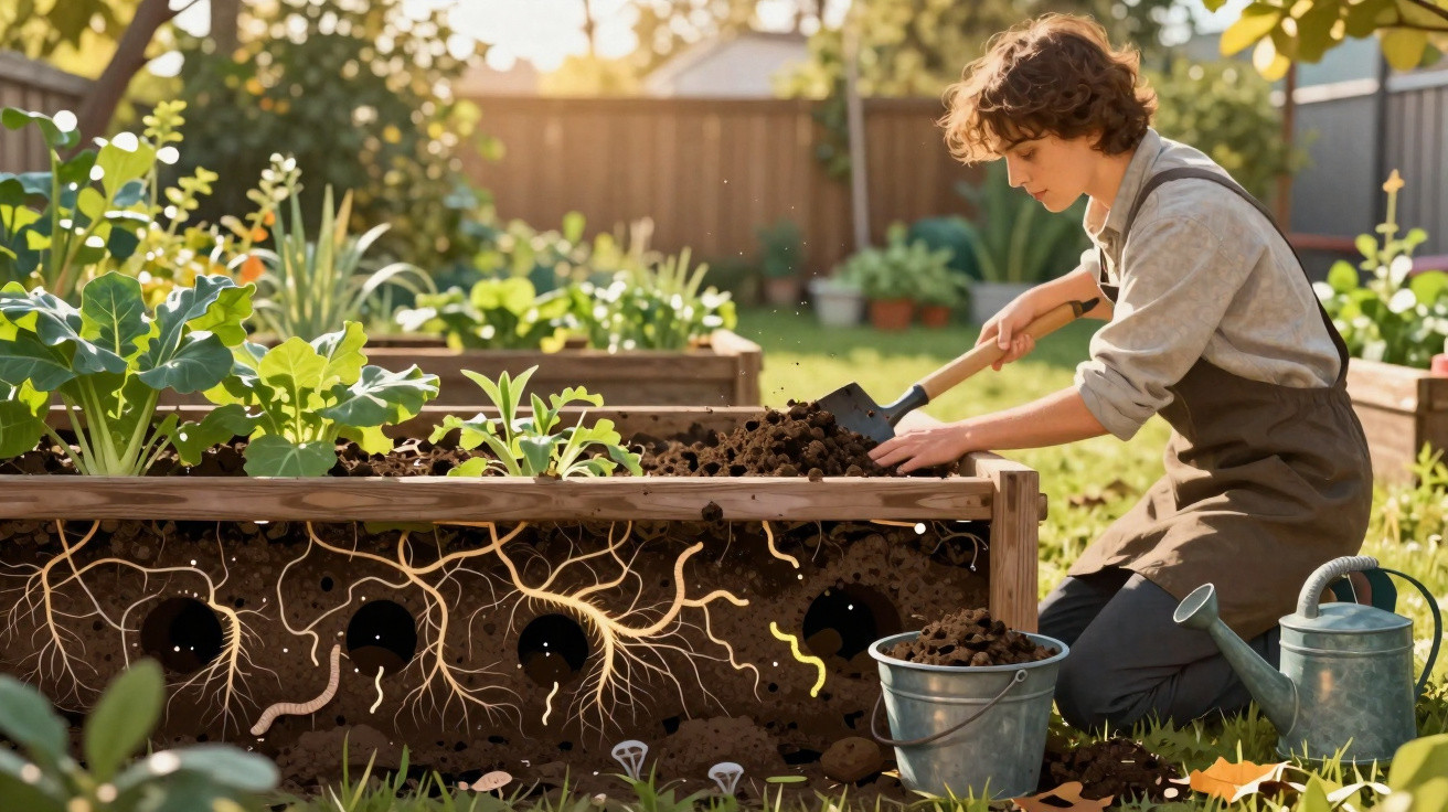 Person gardening in a raised bed with illustrated underground roots and soil organisms visible below the surface.