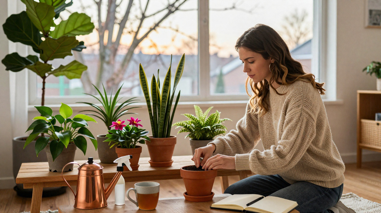 Woman wearing a beige sweater potting a plant indoors with various potted plants and gardening tools on a wooden table.