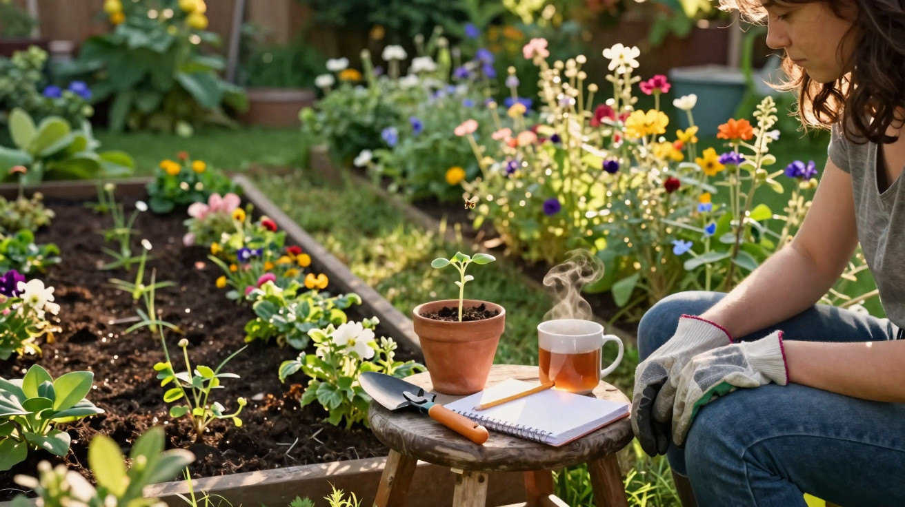 Person with gardening gloves sitting next to a stool with a plant pot, notebook, spade, and steaming cup in a flower garden.