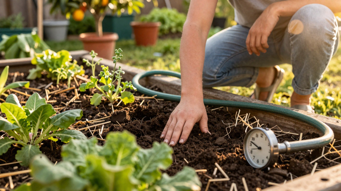 Person planting seeds in soil of a garden bed with a water hose and plants around.