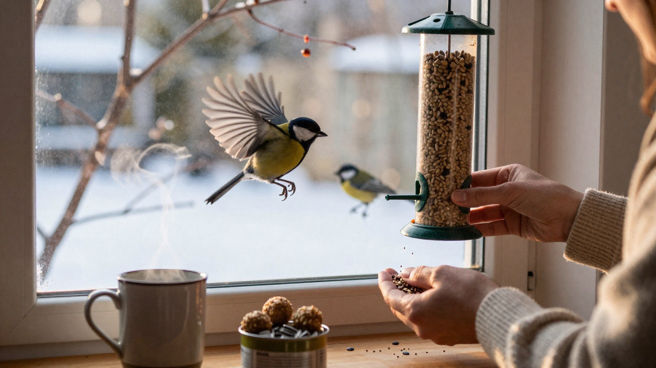 Person refilling bird feeder by a window as a blue tit bird flies nearby on a snowy day.