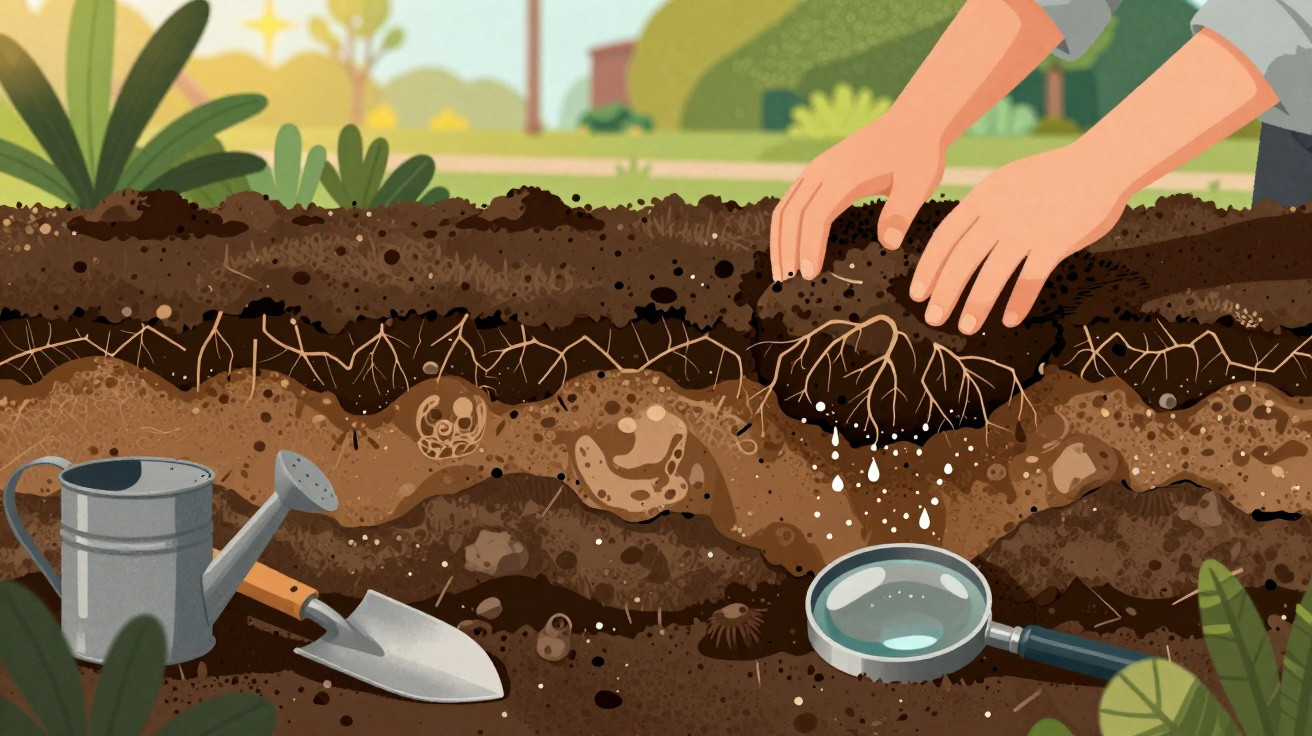 Illustration of hands digging in soil layers revealing fossils, with a watering can, trowel, and magnifying glass nearby.