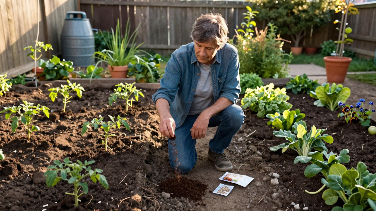 Man kneeling in a garden bed, planting seeds among young vegetable plants in a fenced backyard garden.